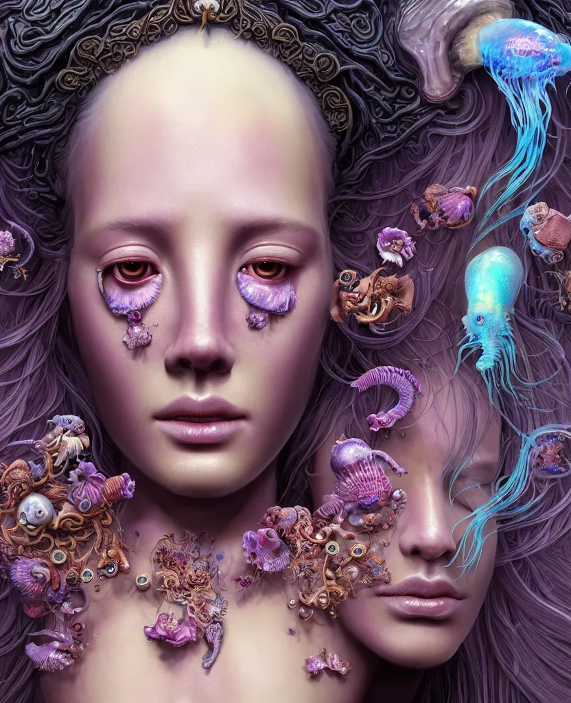 Prompt: goddess close-up portrait of princess face and ram skull. eyes. jellyfish phoenix head, nautilus, orchid, skull, betta fish, bioluminiscent creatures, intricate artwork by Tooth Wu and wlop and beeple. octane render, trending on artstation, greg rutkowski very coherent symmetrical artwork. cinematic, hyper realism, high detail, octane render, 8k