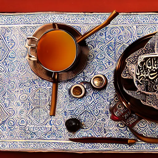 Image similar to arabic calligraphy by pollock, moroccan tea set, product photography, product design