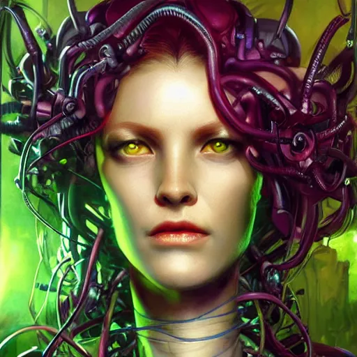 Image similar to medusa as a cybernetic being by raymond swanland, highly detailed, bright tones