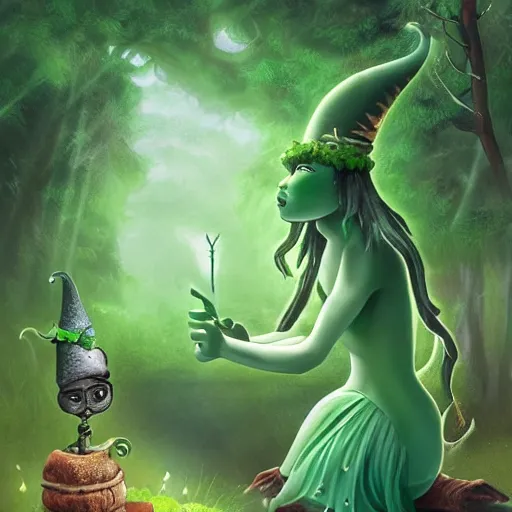 Image similar to a green genie ready to grant your wish deep in the forest, fantasy illustration