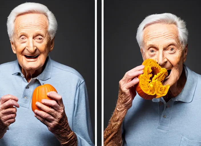 Image similar to studio portrait photo still of bob barker!!!!!!!! at age 7 3 years old 7 3 years of age!!!!!!! eating a pumpkin empanada, 8 k, 8 5 mm f 1. 8, studio lighting, rim light, right side key light