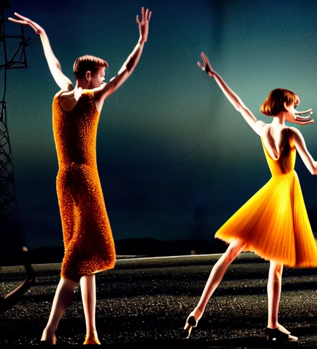 Prompt: la la land unseen film scene of gaz station by night starring seductive actress doing steps dancing and dressed by an organic looking dress from designer * iris van herpen *, with stylish colorfull makeup. intriguing soft back lighting, highly detailed, skin grain detail, photography by paolo roversi, nick knight