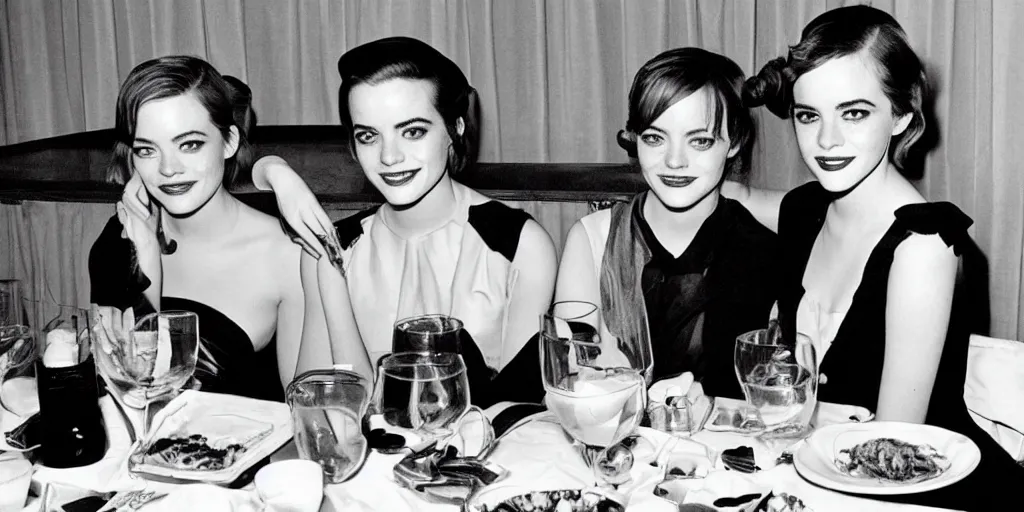 Prompt: b & w photo of emma stone and emma watson having dinner in the 1 9 5 0 s,