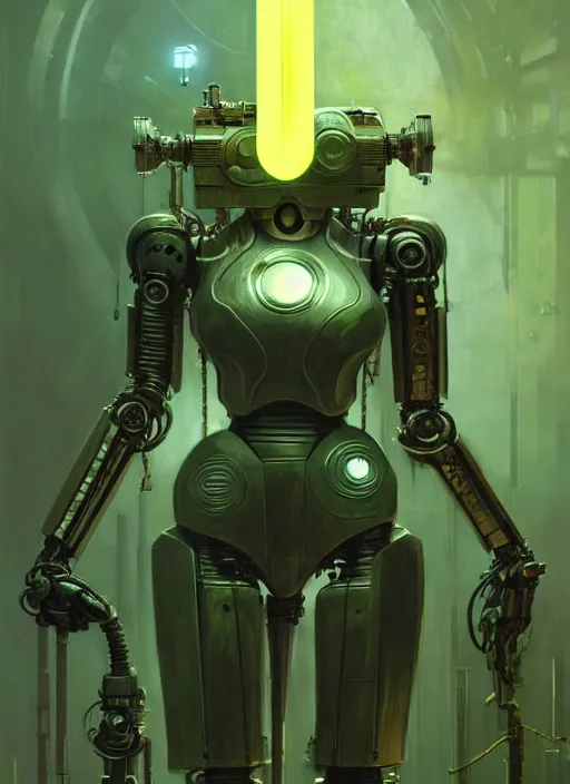 Image similar to dystopian robot, metal, holding green plant, cinematic lighting, fantasy, warforged, intricate, highly detailed, lifelike, photorealistic, digital painting, artstation, illustration, concept art, sharp focus, art by john collier and albert aublet and krenz cushart and artem demura and alphonse mucha