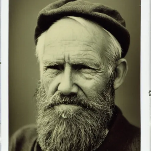 Image similar to polaroid photo of an older man, about 1 2 0 years old, with wrinkles on his face, looking towards infinity with a sad look, a two - day beard and a woolen cap while his lips are chapped by the sun, as well as his dark complexion