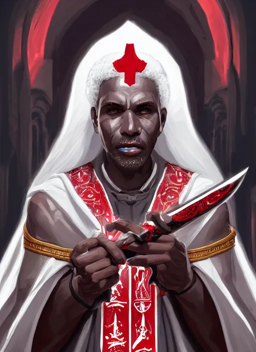 Image similar to a highly detailed illustration of sadistic white haired tanned african priest wearing white robe with red cross design, wielding divine bloody sword, evil smirk, gothic church background, intricate, elegant, highly detailed, centered, digital painting, artstation, concept art, smooth, sharp focus, league of legends concept art, wlop