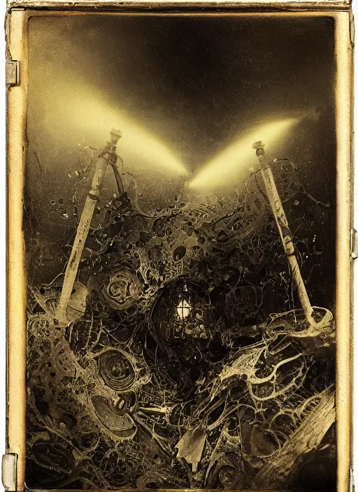 Image similar to old wetplate daguerreotype demoniacal beats explosion of data fragments, fractal, intricate, elegant, highly detailed, parallax, leica, medium format, subsurface scattering, by jheronimus bosch and greg rutkowski and louis jacques mande daguerre and brom