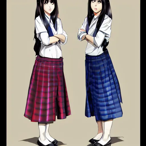 Image similar to a perfect, realistic professional digital sketch of two Japanese schoolgirls posing, in style of Marvel, full length, by pen and watercolor, by a professional American senior artist on ArtStation, a high-quality hollywood-style sketch, on high-quality paper