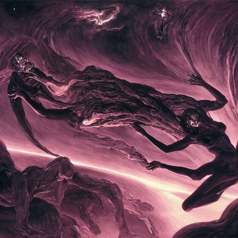 Image similar to still frame from Prometheus movie, succubus queen goddess flying through chaos nebula by wayne barlowe by caravaggio by giger by malczewski, 4k wallpaper