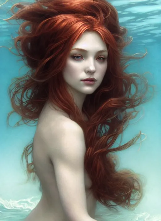 Image similar to goddess of the ocean portrait of a seductive redhead dreaming in underwater murky light, wind blown hair! fantasy esoteric, d & d, fantasy, intricate, elegant, highly detailed, digital painting, artstation, concept art, matte, sharp focus, illustration, art by artgerm and tom bagshaw and greg rutkowski and alphonse mucha