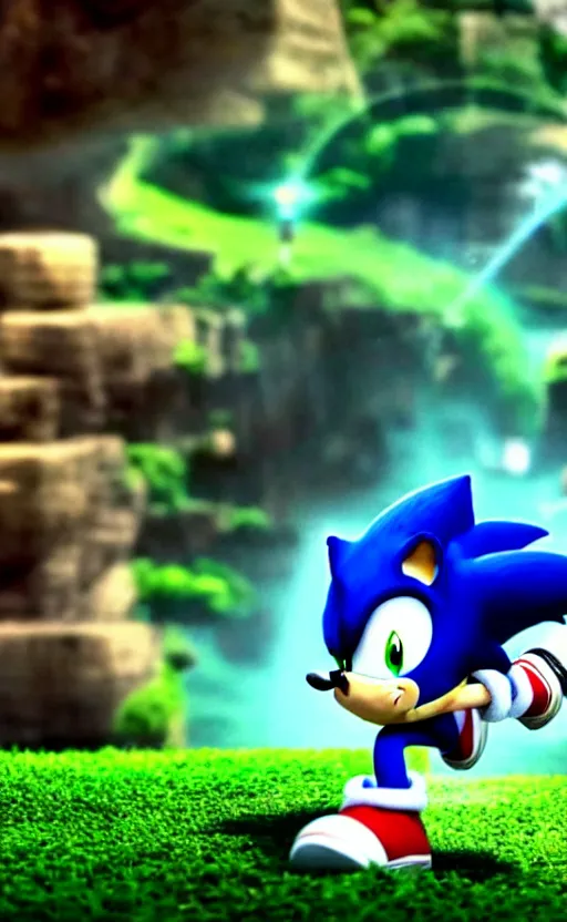 Image similar to super super super epic cinematic shot of sonic the hedgehog, 8k miyazaki anime scene, motion blur, red shoes, green eyes, ++++++ super super super dynamic action running, concept photos, dynamic lighting, dynamic shaders, sunny day, green hill zone, amazing quality
