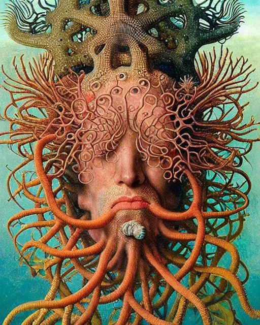 Image similar to hyperrealistic detailed underwater face portrait of the beautiful god of the fish with an intricate headgear of corals, sea kelp, sea plants, fish, starfish, jellyfish, art by ernst haeckel, hieronymus bosch, gothic, neo - gothic, ornamental, beautiful deep colours,