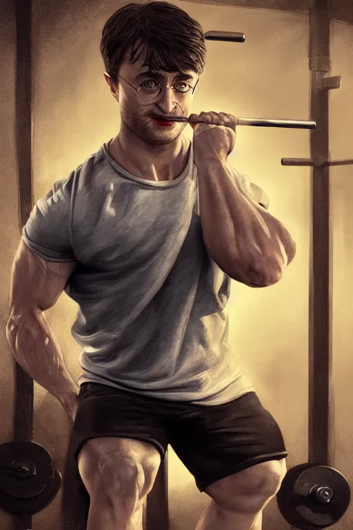 Image similar to highly detailed rendering of Daniel Radcliffe as Harry Potter doing barbell back squats, dingy workout gym, wearing a muscle tee shirt, muscular deep squats, symmetrical, highly detailed, digital painting, artstation, concept art, smooth, sharp focus, illustration, cinematic lighting, art by artgerm and greg rutkowski and alphonse mucha