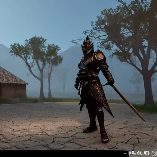 Image similar to a black knight standing in front of a village, full 8 k highly detailed unreal engine 5 render