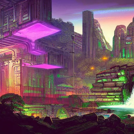 Image similar to ancient ruins and waterfalls, retrowave art, cyberpunk, trending on art station