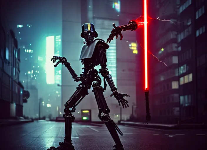 Image similar to 3 5 mm portrait photo of amgry general grievous with heavy duty biomechanical cybernetic body with 4 arms holding 4 activated red lightsabers in the city in the rain. cyberpunk horror style.