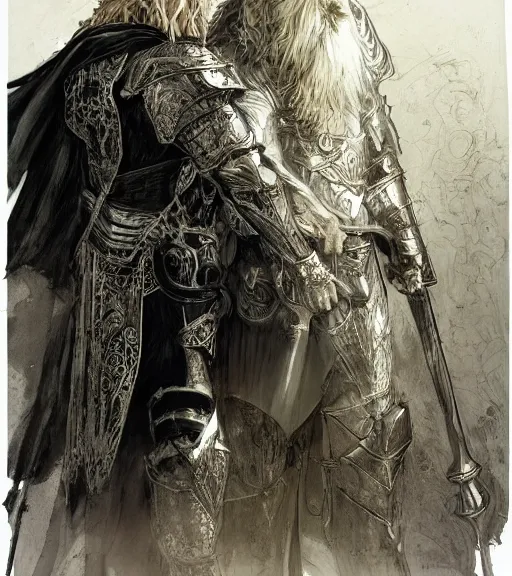 Prompt: portrait of long hair blond man in armor with another man with long blong hair tyed up with black robes, pen and ink, intricate line drawings, by craig mullins, ruan jia, kentaro miura, greg rutkowski, loundraw
