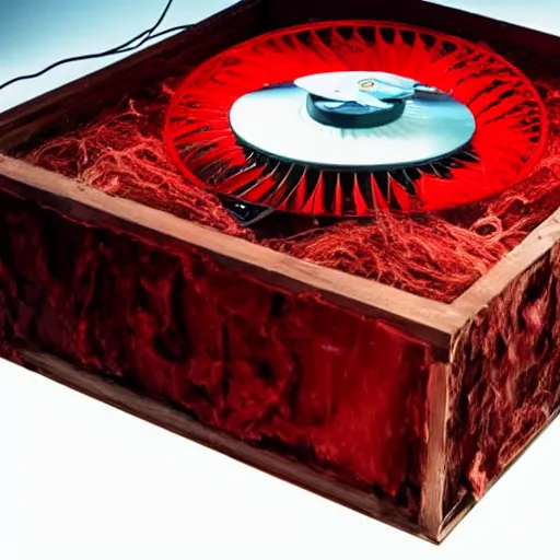 Image similar to a large box made out of flesh, skin, blood, clumps of hair, lights, led, computer, spinning fan,