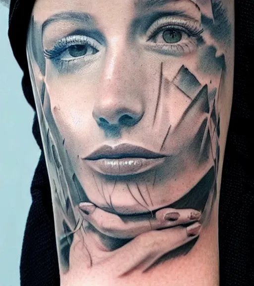 Prompt: hyper realism tattoo sketch of a beautiful woman face double exposure effect with beautiful mountain scenery, in the style of matteo pasqualin, amazing detail, sharp, faded