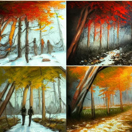 Image similar to painting depicting all four season in one, concept art, artstation, detailed, impressionism, oil on canvas, snow on the ground