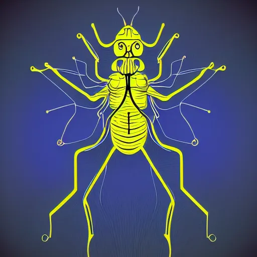 Image similar to human man that resembles a wasp morh in surreal sketch style, blue and yellow gradient, noise, ultrafine detail, hd 8k, logo illustration