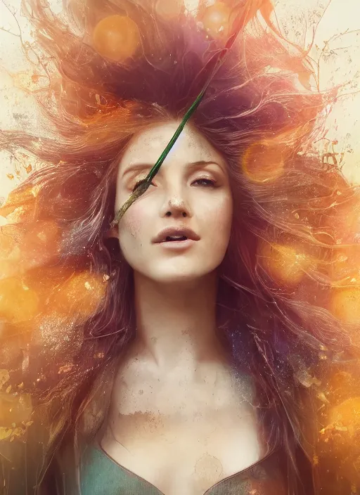 Prompt: beautiful portrait of female Robin Hood, exploring, orange flowing hair, magical, forest, sunset, blue mist, rain, symmetrical face, large grey eyes, pale, freckles, natural, freedom, happy, eve, joy, wanderlust, hyper realistic, digital art, octane render, trending on artstation, artstationHD, artstationHQ, unreal engine, 4k, 8k