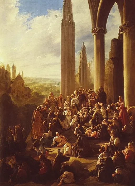 Image similar to elisabeth louise vigee - le brun painting of large crowd of medieval monks gathered at giant gothic ruins cathedral and raising a magical glowing spirit, old master painting with stunning lighting and details photoreal dusk sun lit light,