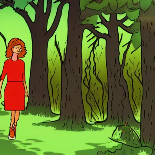 Prompt: screenshot from an animated 80s movie of a girl and tall monster walking through the woods