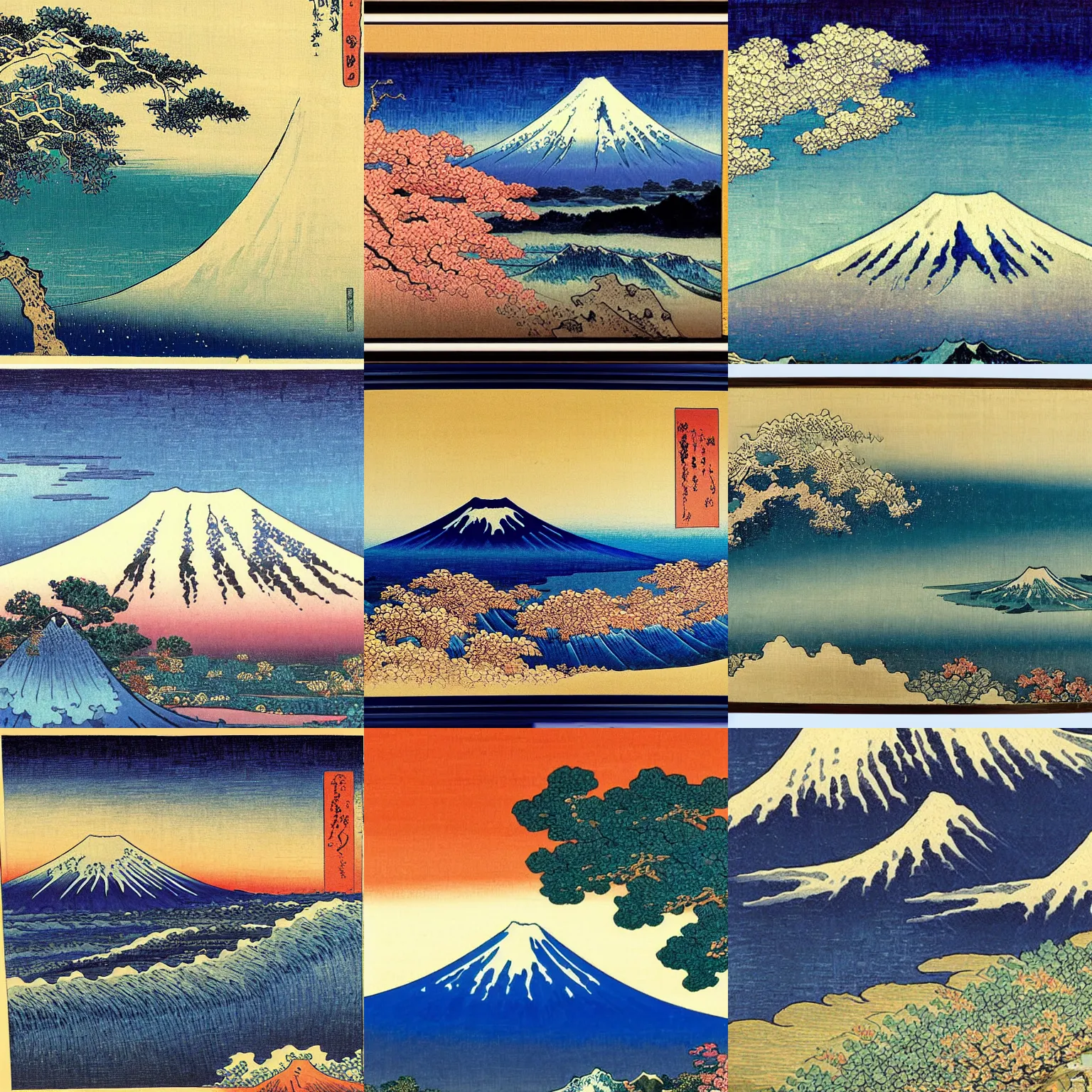 Prompt: a beautiful mount fuji painting by hokusai and van gogh