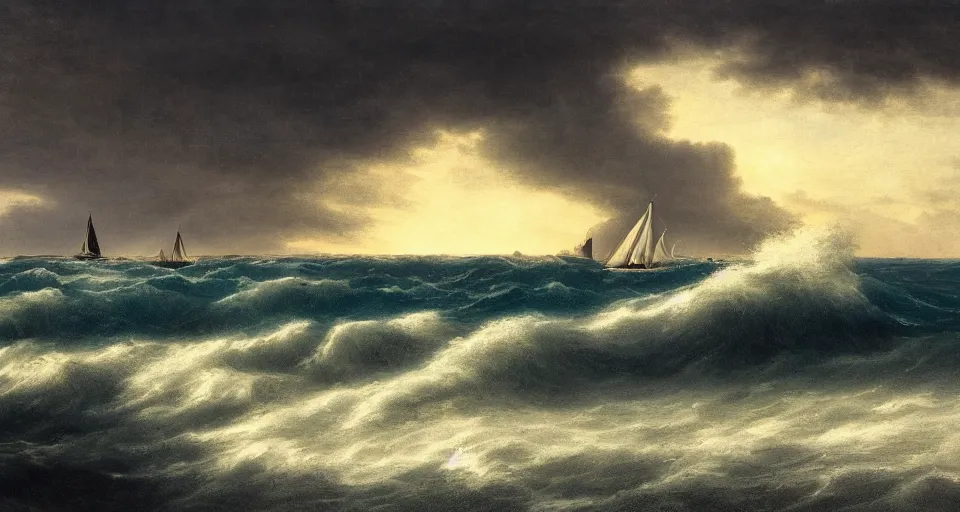 Image similar to ocean landscape with stormy waves and a sailboat in the foreground and a shining island in the background