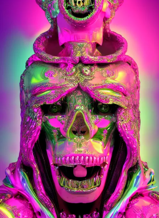 Prompt: photo of baroque and bladerunner delicate neon diamond sculpture of ceramic seductive albino prince diego villarreal rock and roll sticking tongue out, creamy pink iridescent humanoid deity wearing tiger fur hoody holding diamond skull in a green metallic dungeon, reclining, glowing rainbow face, crown of white diamonds, cinematic lighting, photorealistic, octane render 8 k depth of field 3 d