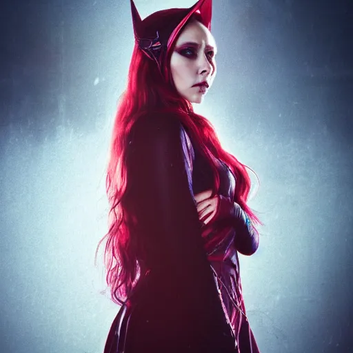Image similar to Elizabeth Olsen as the Scarlet Witch in emo attire and dark eyeliner, trending on artstation, gloomy atmosphere, photorealistic facial features, 4k, 8k