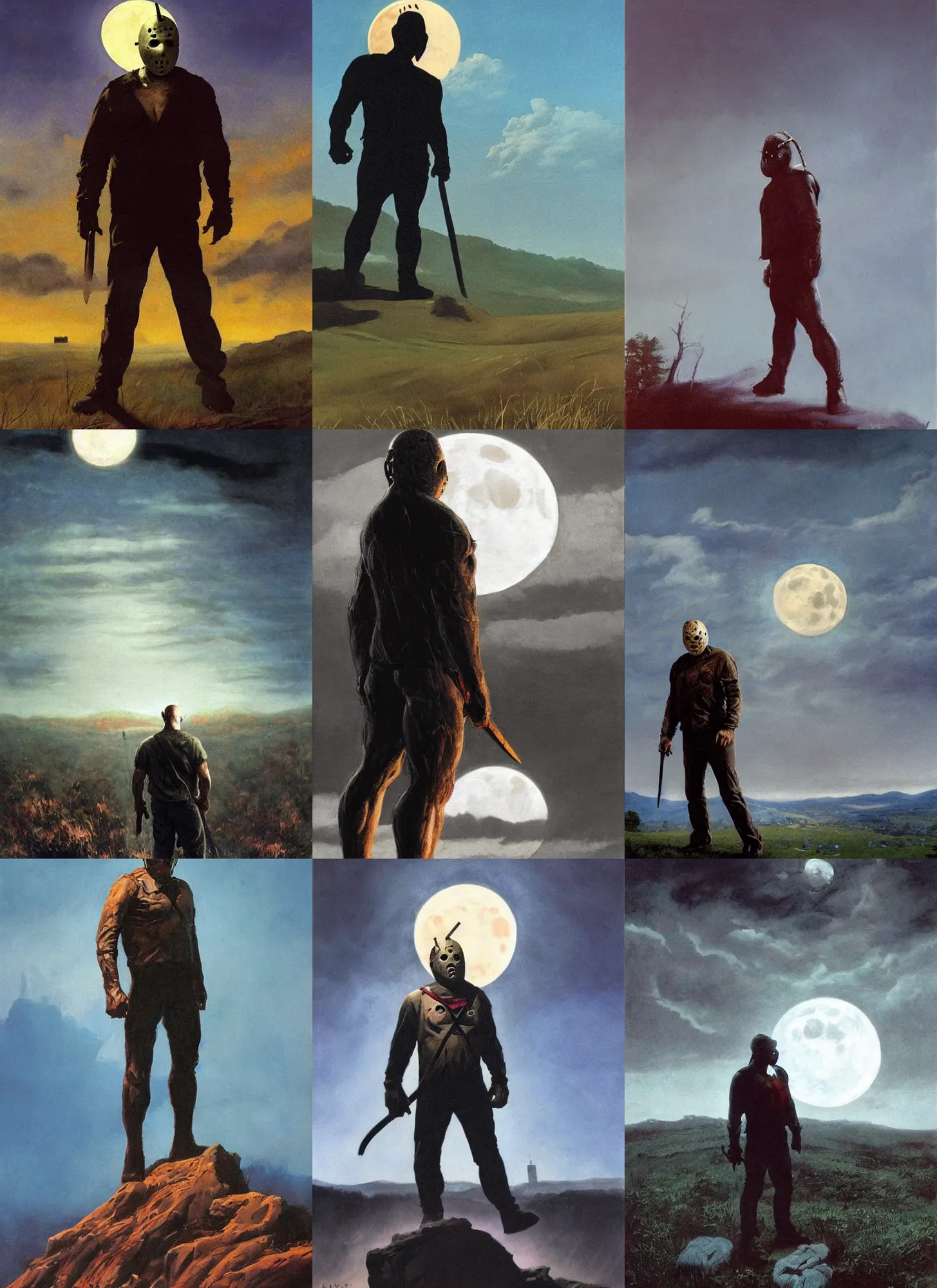 Prompt: portrait, jason voorhees standing on a giant hill, new york panorama in far background, powerful pose, scary, horror, deep night, giant oversized monster moon, dramatic sky, shadows on side, cinematic, side light, backlighting, oil painting by frazetta