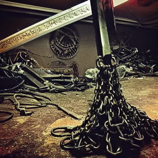 Prompt: “a photo of a big claymore sword that is wrapped in cables and chains and embedded in a computer monitor screen standing up. The sword is in the center of a dark, filthy, dimly lit room filled with server racks and server cables hanging everywhere. The ground of the room is littered and covered with garbage and trash everywhere. It is dark and there are no lights. Cursed image. Nikon Coolpix.”