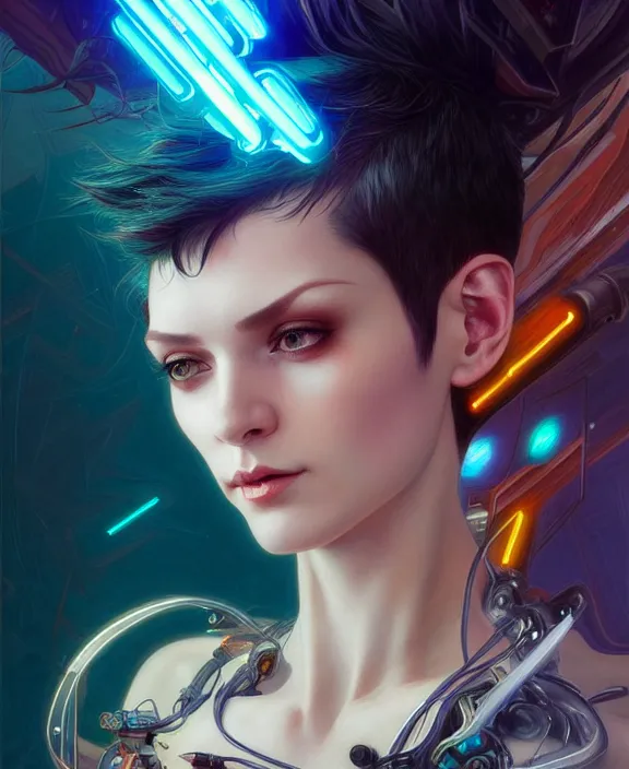 Image similar to a whirlwind of souls rushing inside the metaverse, half body, jewelry, fashionable short haircut, android, cyborg, cyberpunk face, by loish, d & d, fantasy, intricate, elegant, highly detailed, colorful, vivid color, digital painting, artstation, concept art, art by artgerm and greg rutkowski and alphonse mucha