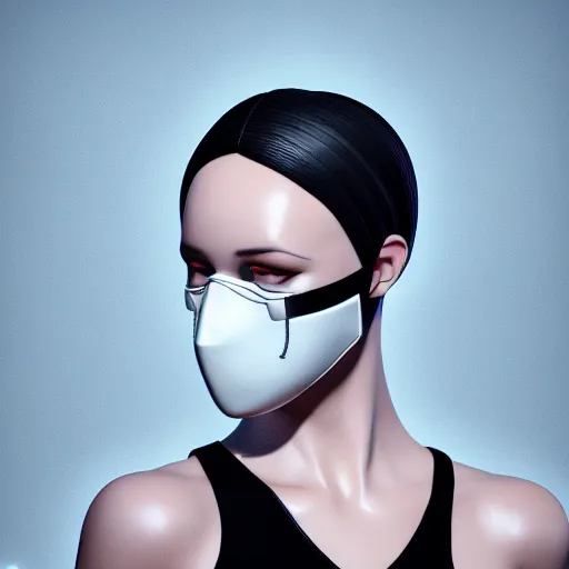 Image similar to complex 3 d render, ultra detailed, beautiful natural light, studio lights, rim light, a woman wearing a white mask with black wires on her head, featured on behance, net art, made of wire, 5 0 mm lens, elegant, hyper realistic, ultra detailed, octane render, volumetric lighting, 8 k post - production