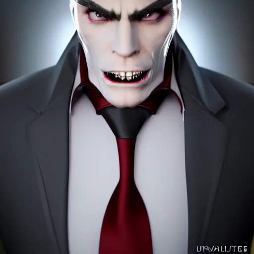 Image similar to a vampire in a formal suit, highly detailed, photorealistic portrait, bright studio setting, studio lighting, crisp quality and light reflections, unreal engine 5 quality render