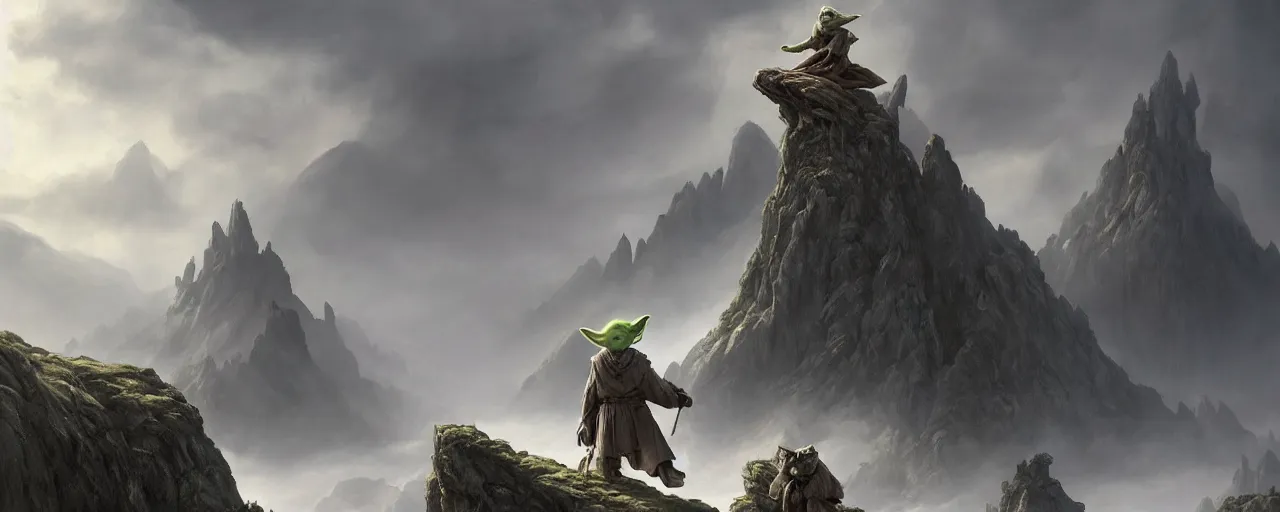 Image similar to Yoda rides the dragon across the deserted, foggy mountain range, very detailed concept art, matte painting, digital art, concept art, realistic beautiful, trending on Artstation, Greg Rutkowski,