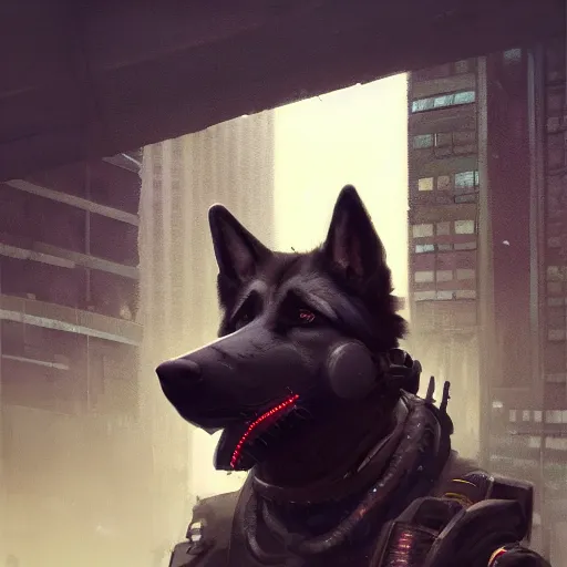 Image similar to new york city portrait of furry anthro anthropomorphic german shepard head animal person fursona wearing clothes strange cybernetic muzzle gloomy rainy cyberpunk digital art by Greg Rutkowski, Simon Stalenhag, trending on Artstation, CGSociety