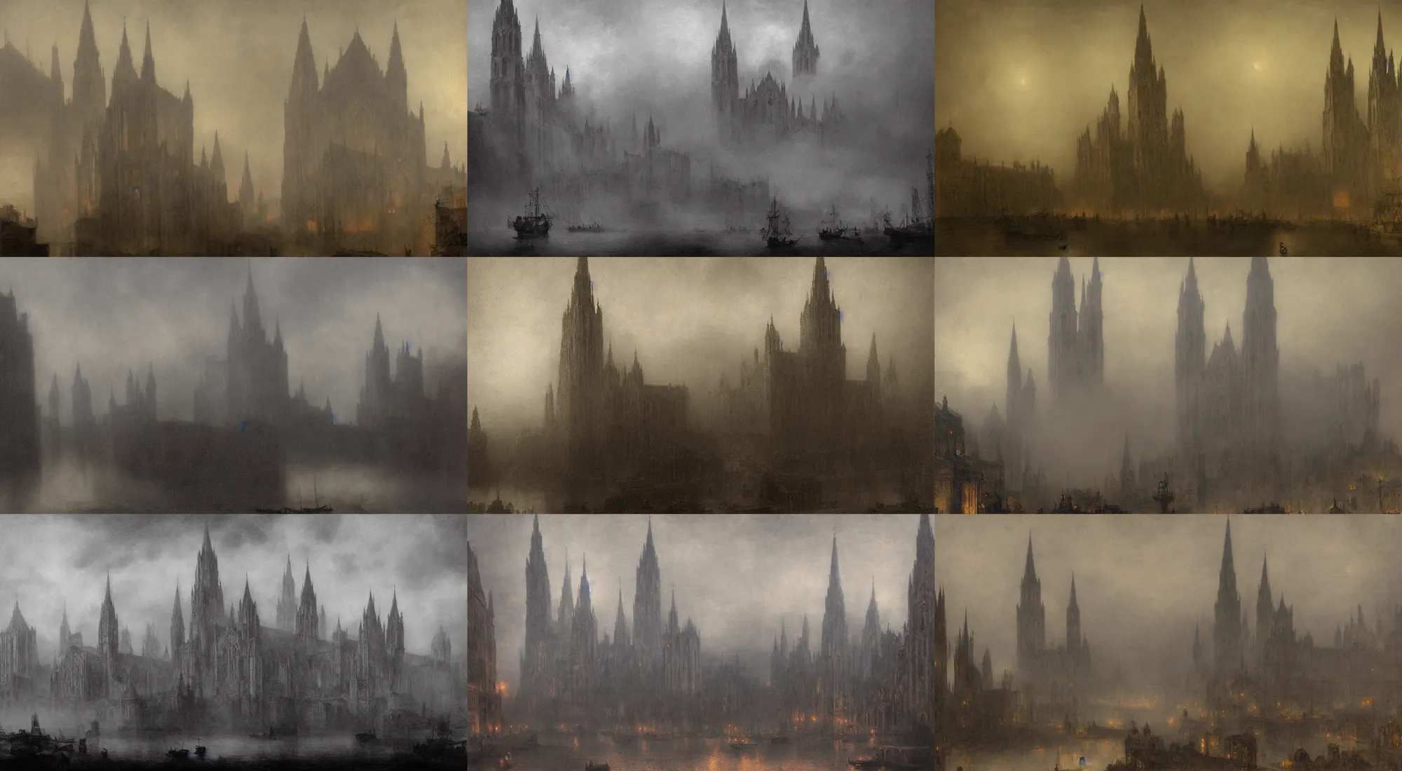 Prompt: large 1 9 0 0 ’ s city in heavy fog, tall cathedral in the center, in style of rembrandt, highly detailed, photo realistic, large environment