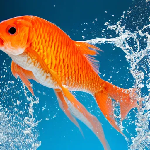 Image similar to stock photo of goldfish jumping in the air splahing water out of the water bowl to freedom blue background