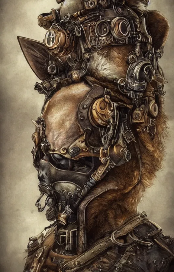 Image similar to realistic detailed portrait of fox warrior, tech warrior, steampunk, post apocalyptic, gritty, art nouveau, victorian, neo - gothic, gothic, character concept design