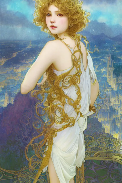 Image similar to fullbody portrait of a young hero with curly blond hairs, soft smile, baroque cloth, luminous scene, final fantasy and legue of legends champion, by chengwei pan and alpfons mucha, gradient white to gold, in front of an iridescent magical building background, highly detailed portrait, digital painting, smooth, focus illustration