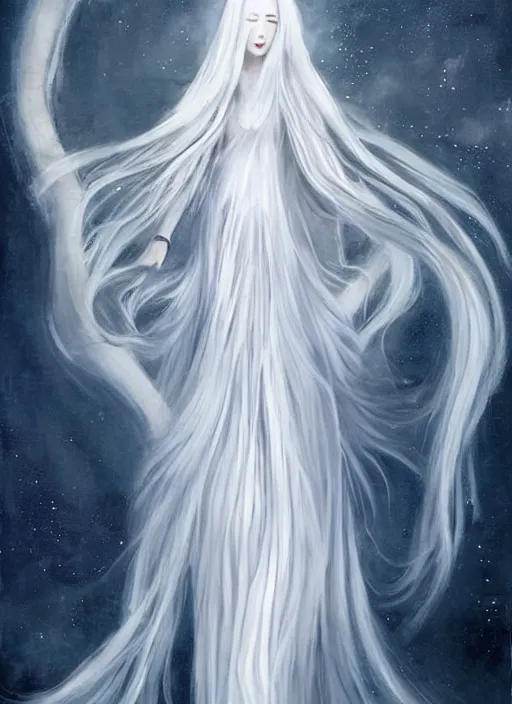 Prompt: tall thin beautiful goddess, pale wan feminine angel, long flowing silver hair covering her whole body, beautiful painting, young wan angel, flowing silver hair, flowing white robes, flowing hair covering front of body, white robe, white dress of silver hair, aesthetic, mystery