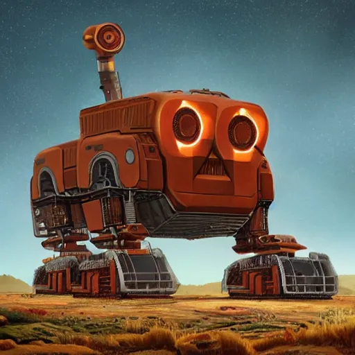 Image similar to giant scary quadrupedal mining machine, four legs, highly detailed body, retro, industrial, in the style of simon stalenhag