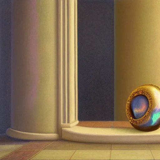 Image similar to still life painting of a room with a balcony and a marbled pedestal displaying an ancient holy artifact, centered in frame and shaped like a torus ring, chromed and ornate with gentle iridescent shine from within. perspective from the side. realistic light and shadows. moody fantasy art, still life renaissance pastel painting. close up