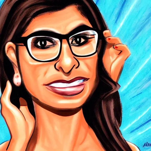 Image similar to a cartoon caricature of mia khalifa, ambient lighting, highly detailed