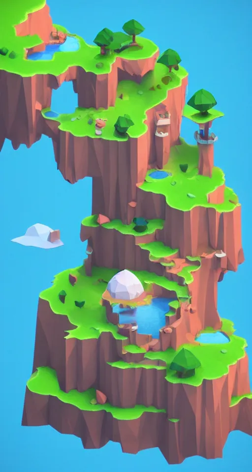 Image similar to a cute little matte low poly isometric mushroom island, waterfalls, mist, lat lighting, soft shadows, trending on artstation, 3d render, monument valley, fez video game,