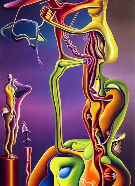 Prompt: an extremely high quality hd surrealism warm painting of a 4 d perspective neon complimentary - colors cartoon surrealism melting sculpture composition of zaha hadid biological anatomical chess player by a much more skilled version of kandinskypicasso and salvia dali the fourth, salvador dali's much much much much more talented painter cousin, 8 k, ultra realistic, nerves, veins, arteries