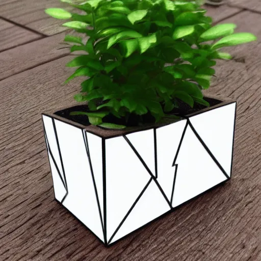 Image similar to pot plant spatifillum levitating over wooden plank white geometric angular pot beautiful fororealistic art featured on artstation